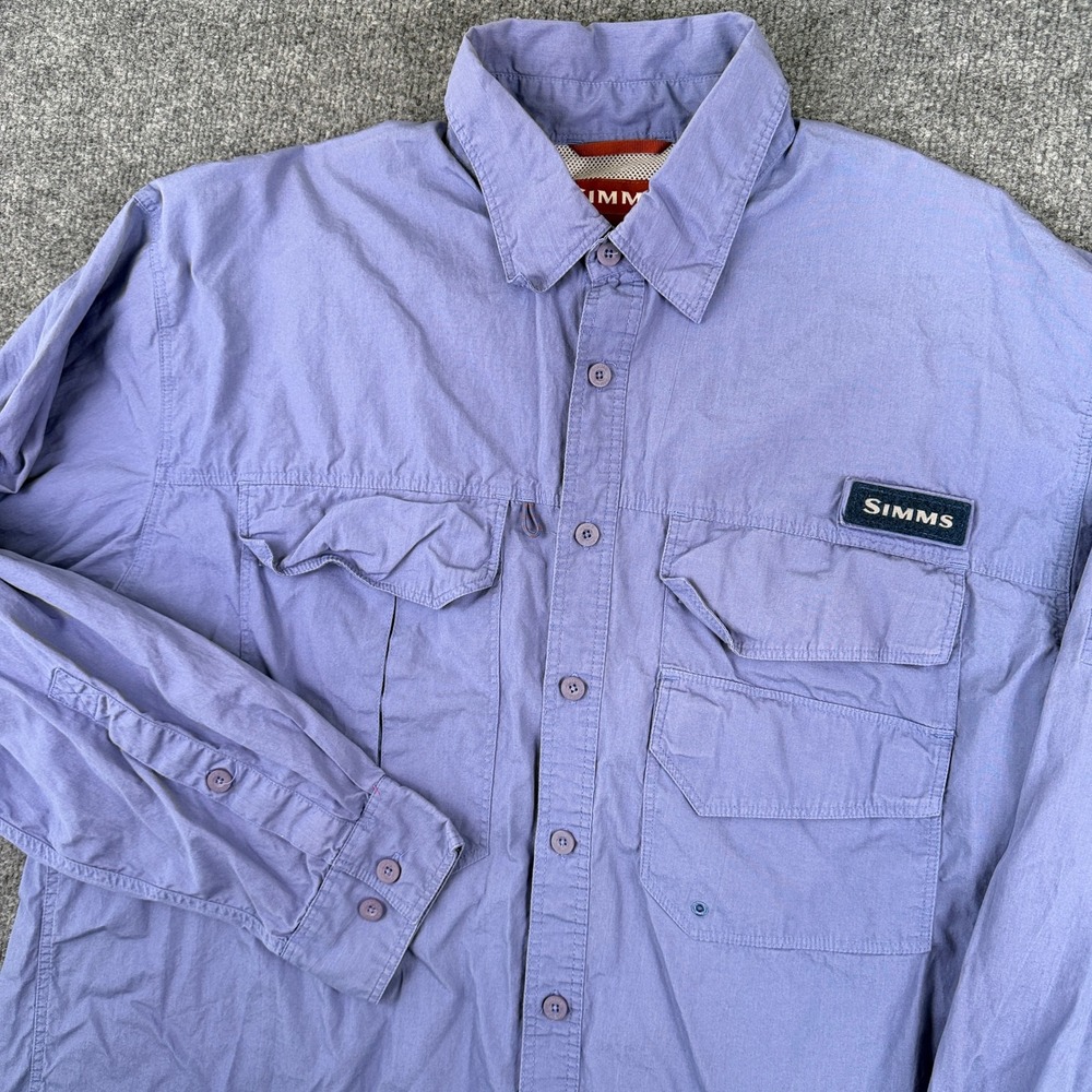 Simms Fly Fishing Shirt Mens L Blue Long Sleeve Button Up Cargo Vented Outdoor